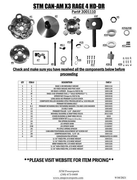 STM Powersports Rage 4 HD-DR Primary Clutch Can-Am X3 2017- 2023  PN# 3001110