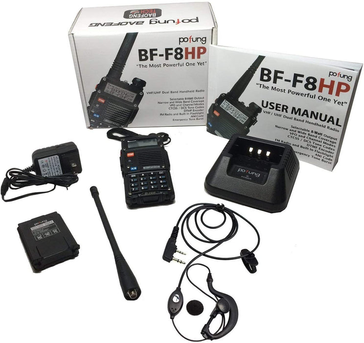 BaoFeng BF-F8HP (UV-5R 3rd Gen) 8-Watt Dual Band Two-Way Radio (136-174MHz VHF & 400-520MHz UHF) Includes Full Kit with Large Battery